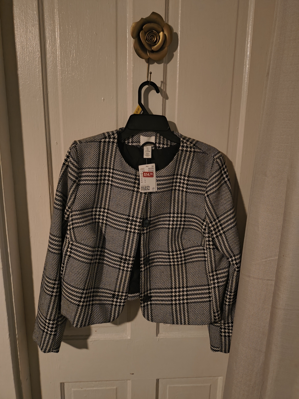 H&M Black and White Plaid Cropped Blazer